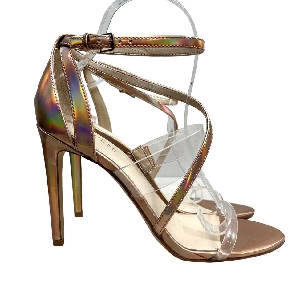 GUESS Felicia Sandal Heel Chic Lucite Ankle Strap Iridescent Rose Gold Women 9M